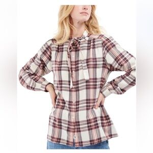Barbour Plaid Cotton Blend Long Sleeve Tie Neck Button Down Millcross Top Sz. 12